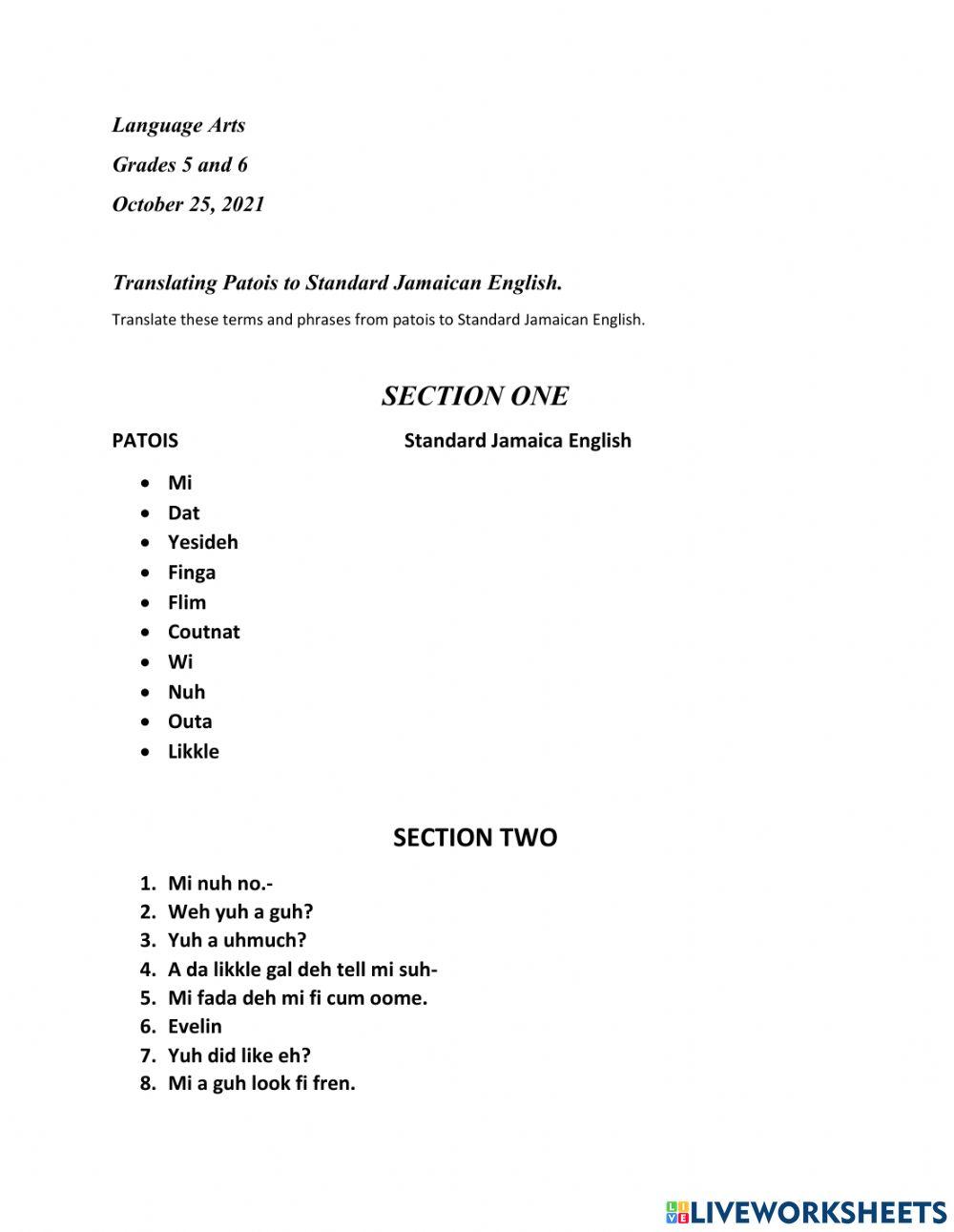 TRANSLATING PATOIS TO ENGLISH worksheet Live Worksheets