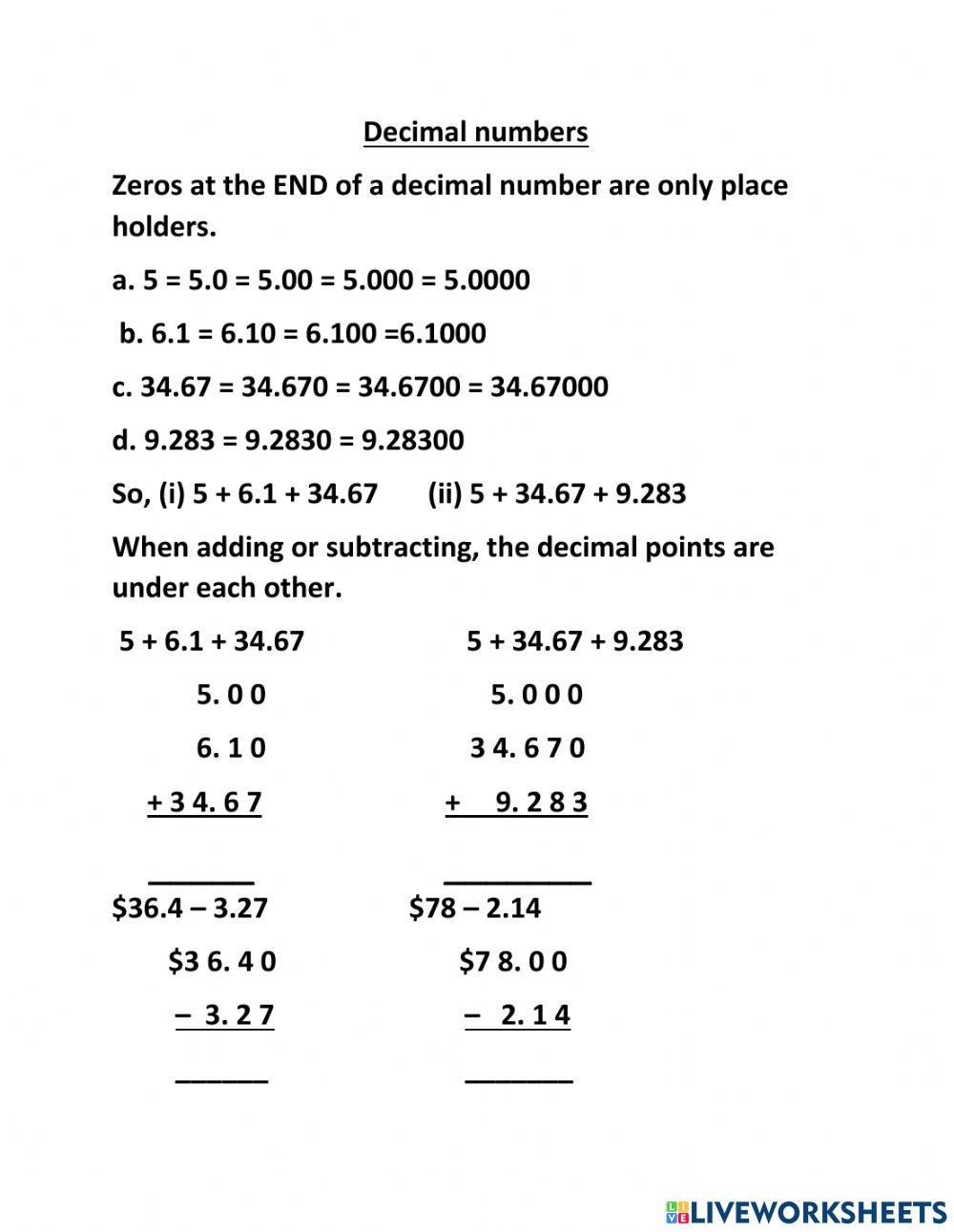 Addition and Subtraction of  Decimals
