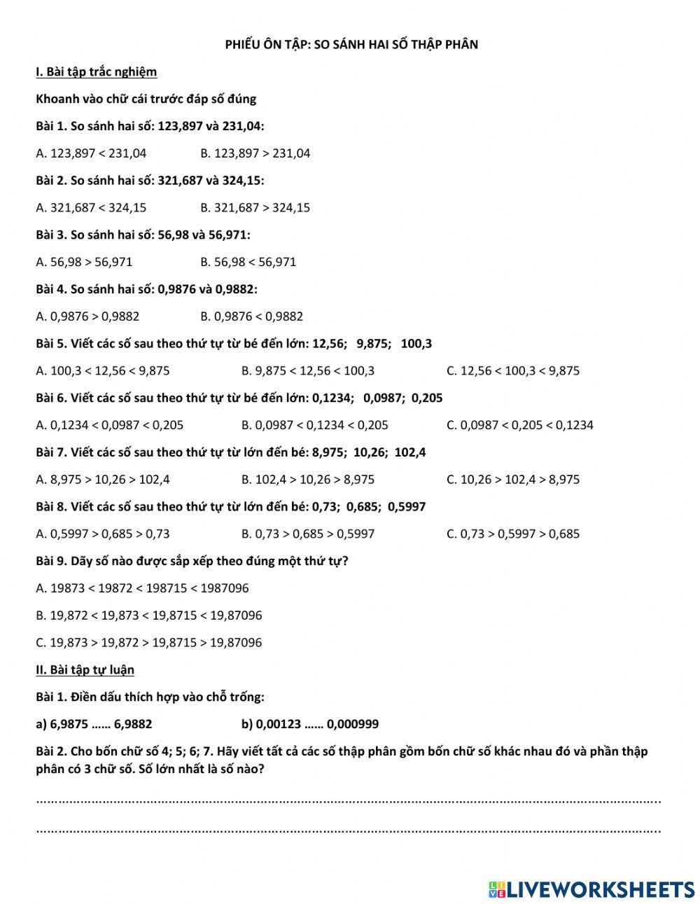 So sánh hai số thập phân