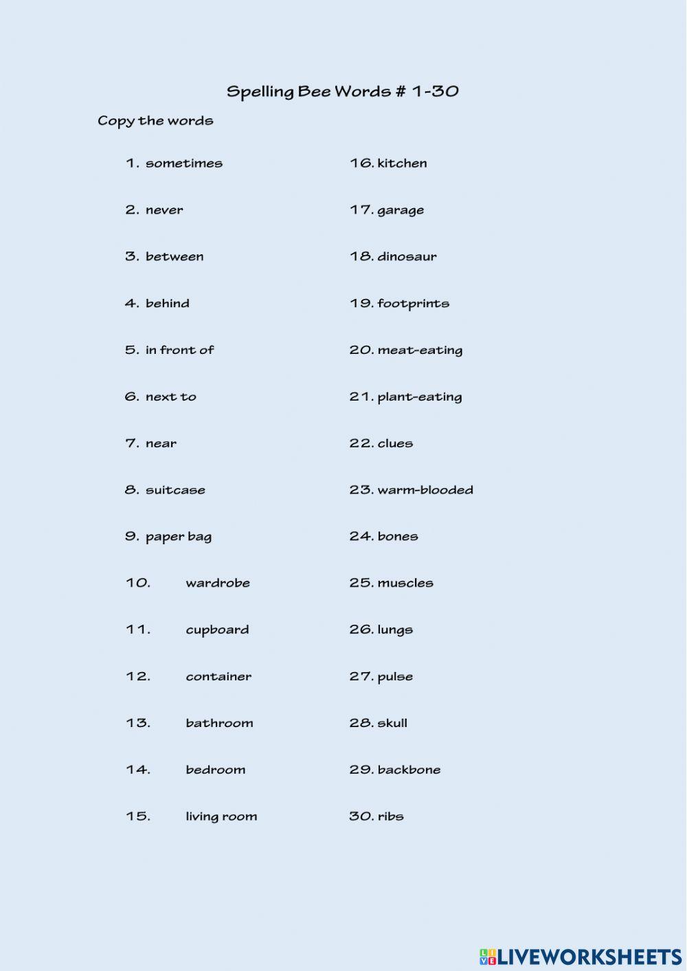 Spelling Bee Words 30-60 Mateo