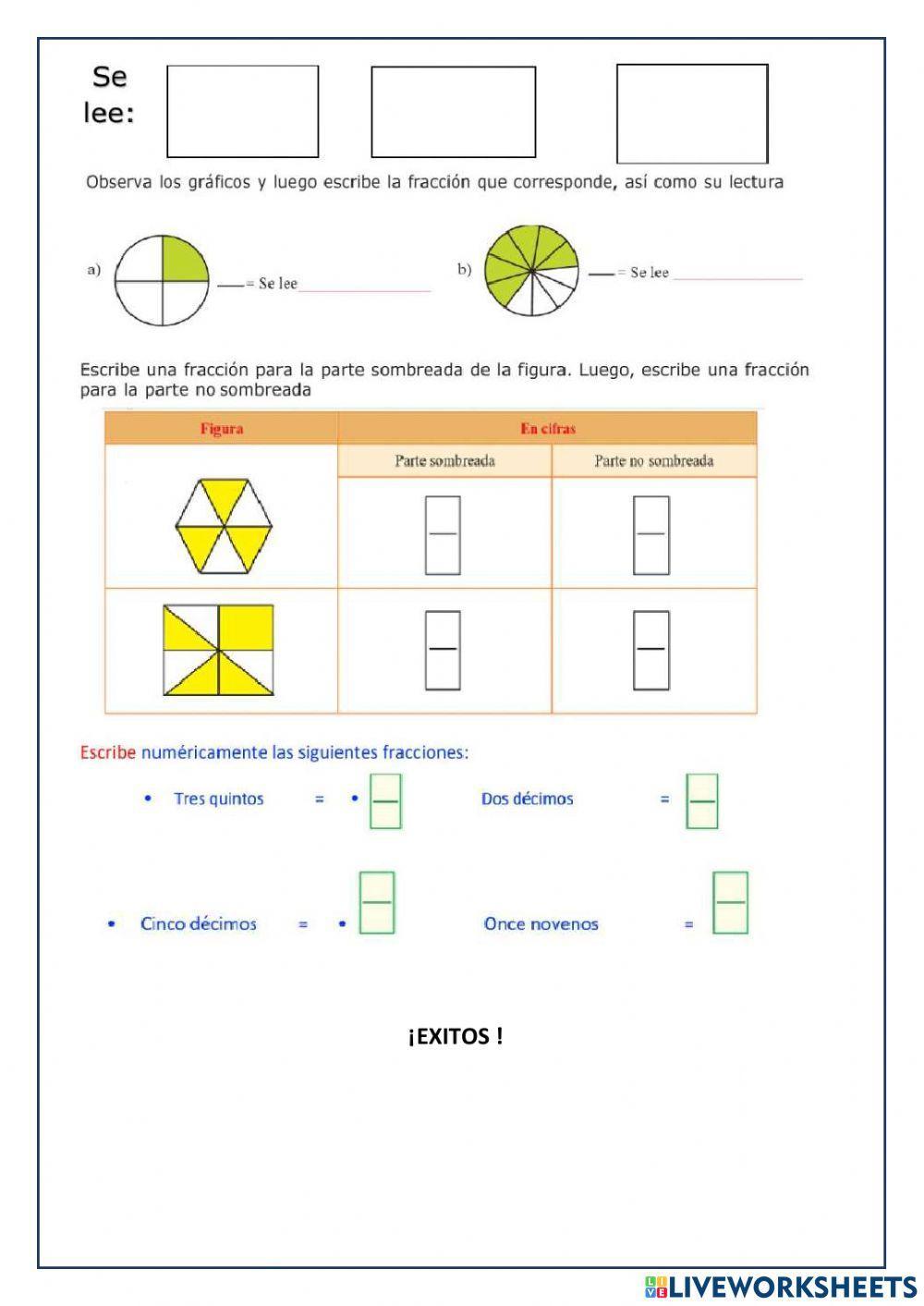 Representación gráfica y escritura de fracciones.