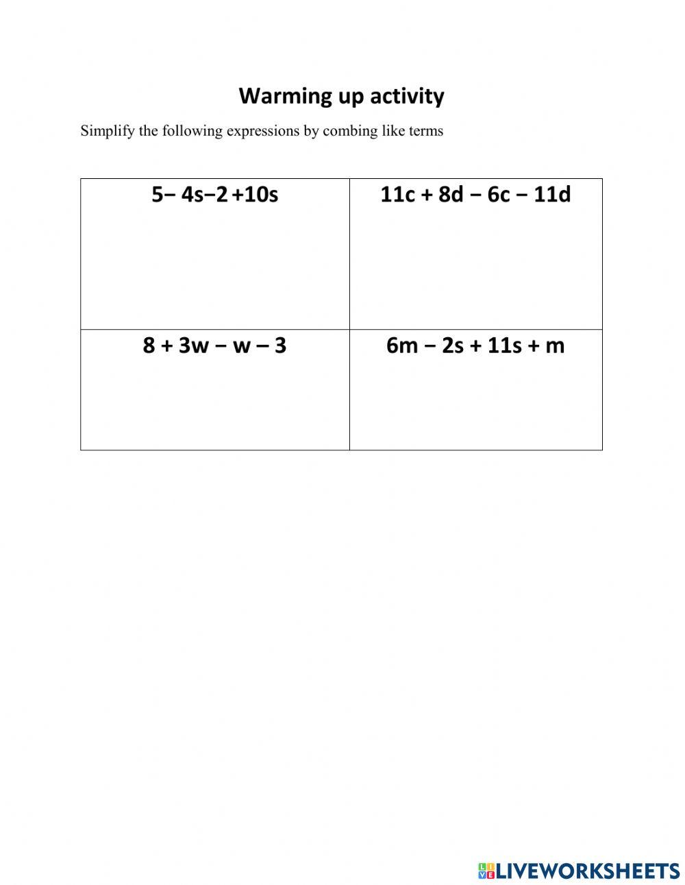 Combing like terms worksheet | Live Worksheets