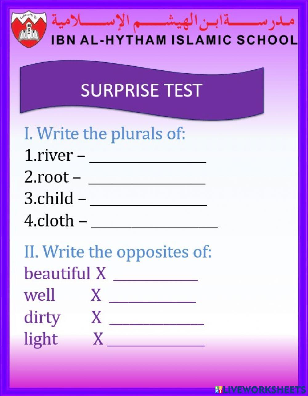Surprise test class 2 online exercise for live worksheets