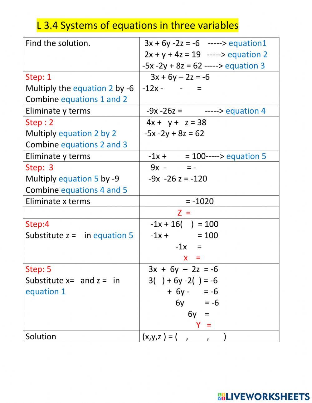 Systems of equations in three variables