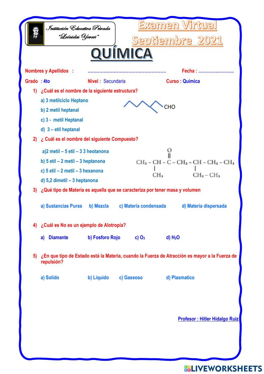 Examen de Quimica 4to Sec