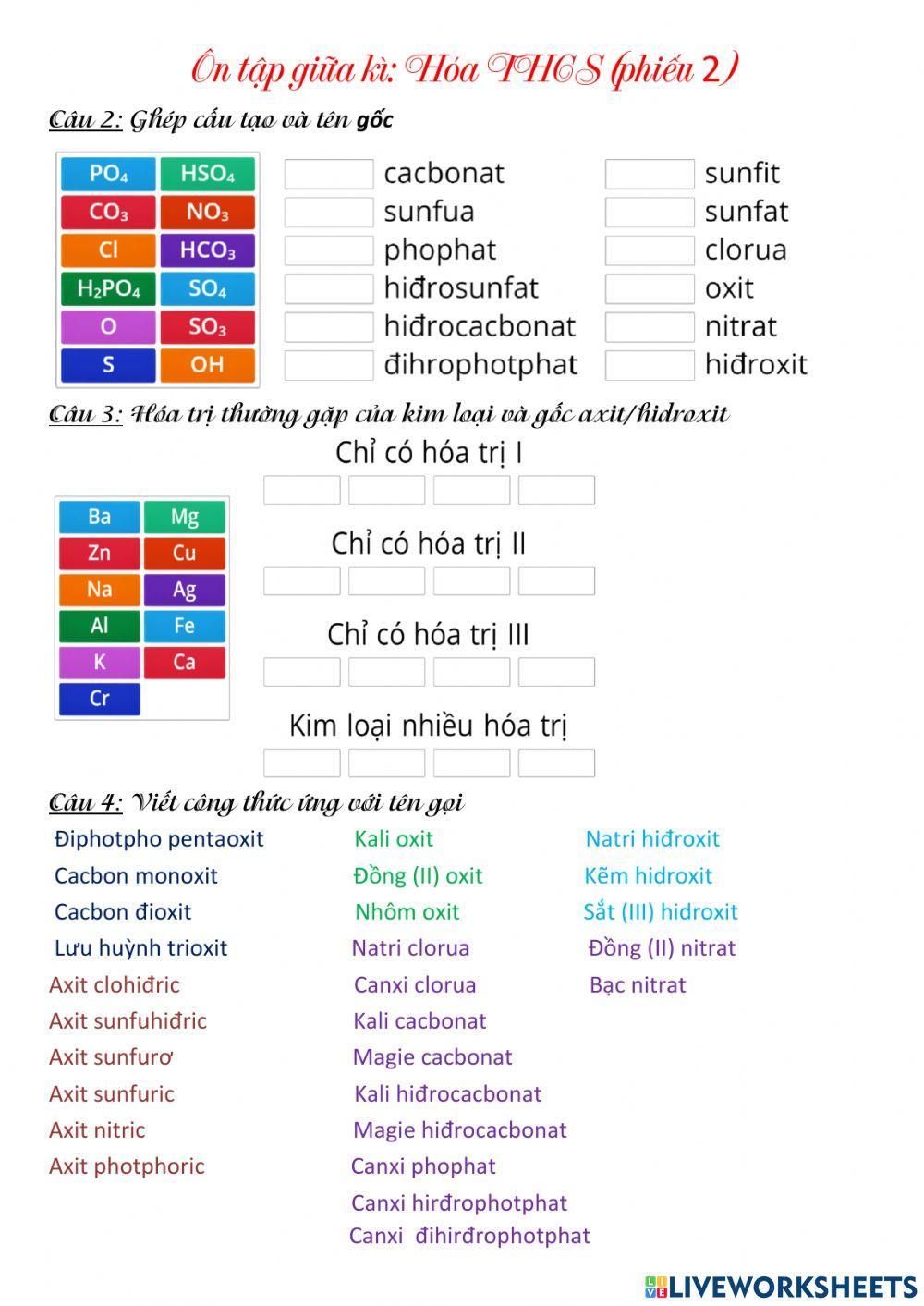Phiếu ôn tập giữa kì: Hóa THCS 02