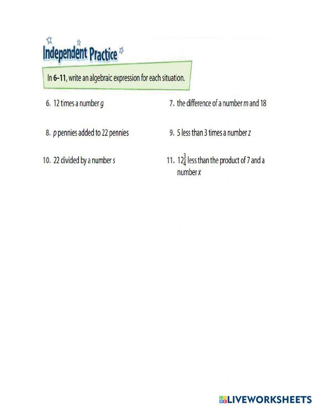 Using variables to write algebraic expressions