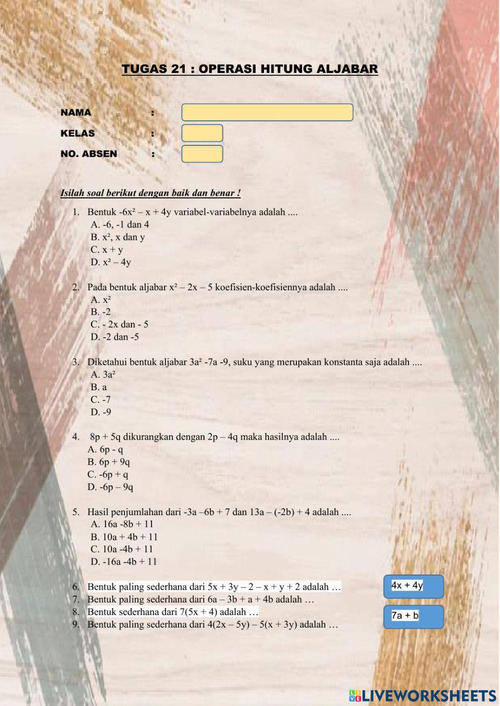 Tugas 21 : operasi hitung aljabar