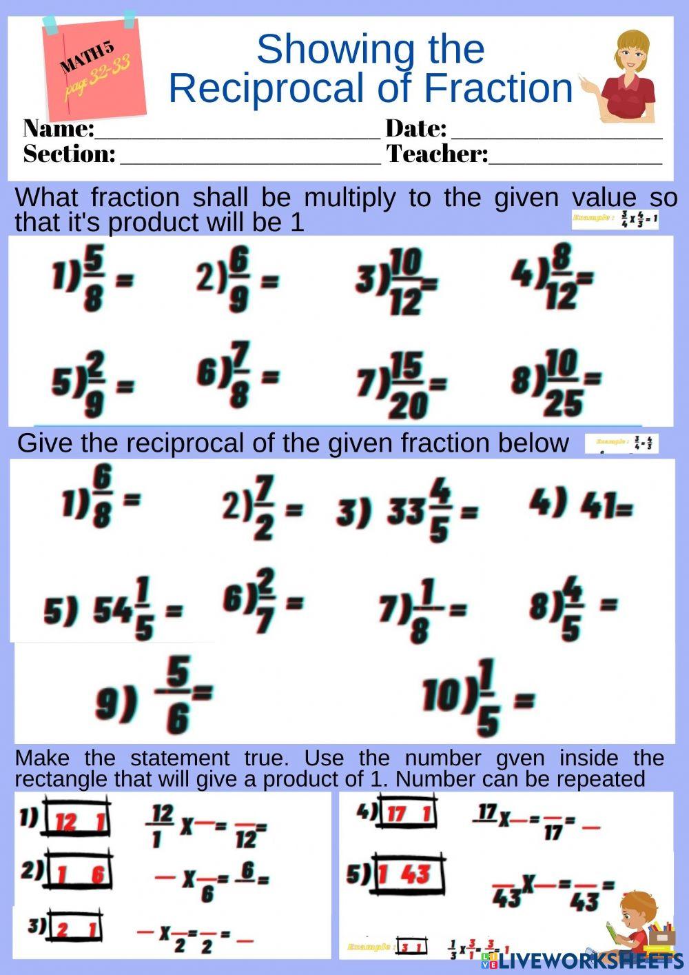 Showing the Reciprocal of Fraction worksheet Live Worksheets