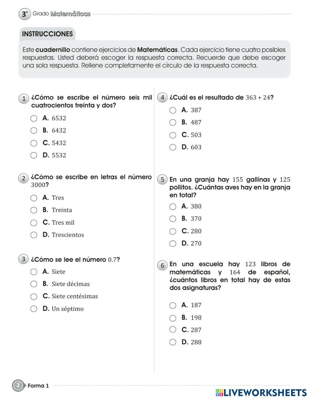 Prueba de fin de grado - Tercer grado Math
