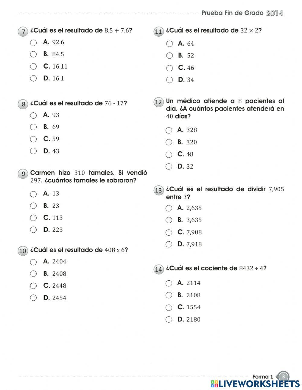 Prueba de fin de grado - Tercer grado Math