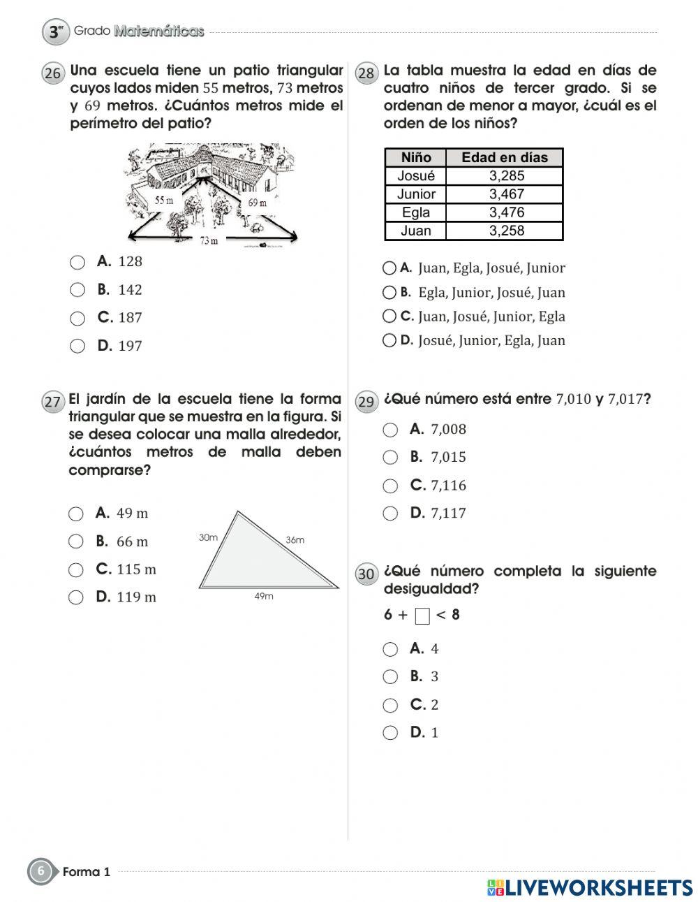 Prueba de fin de grado - Tercer grado Math