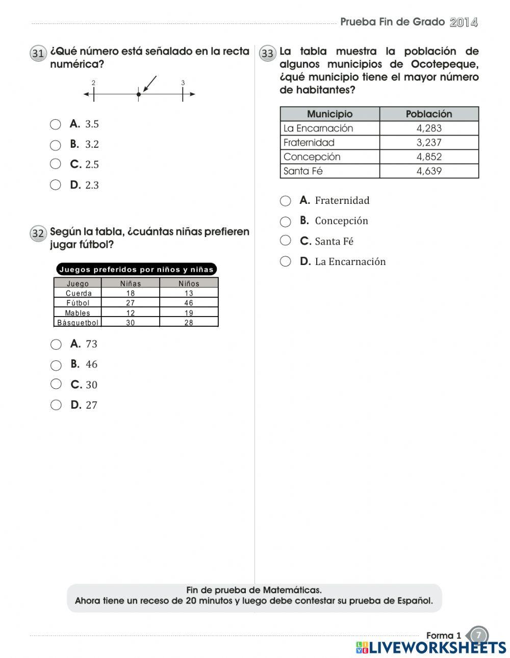 Prueba de fin de grado - Tercer grado Math