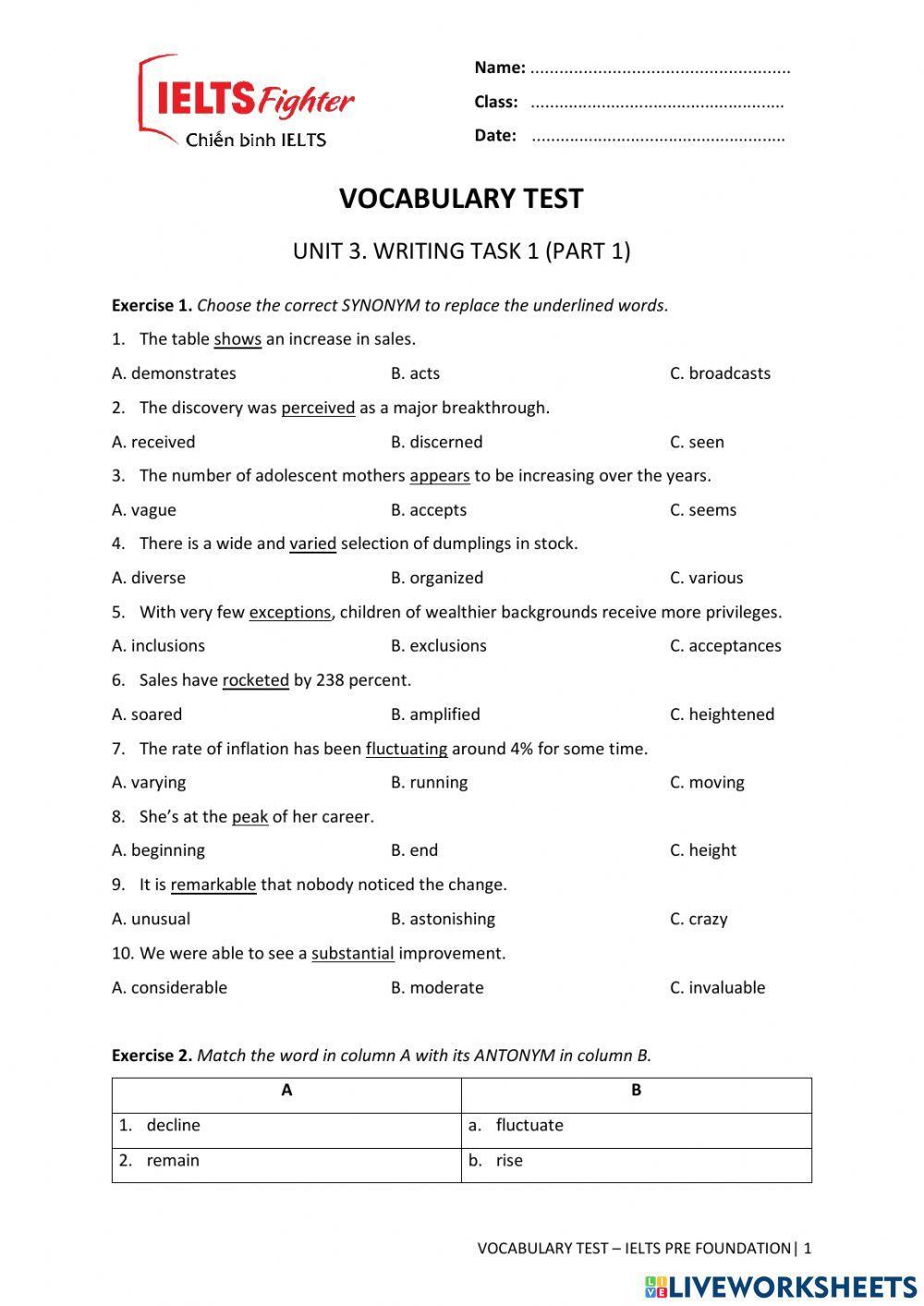 VOCAB TEST 3. UNIT 3. Writing Task 1 (Part 1)