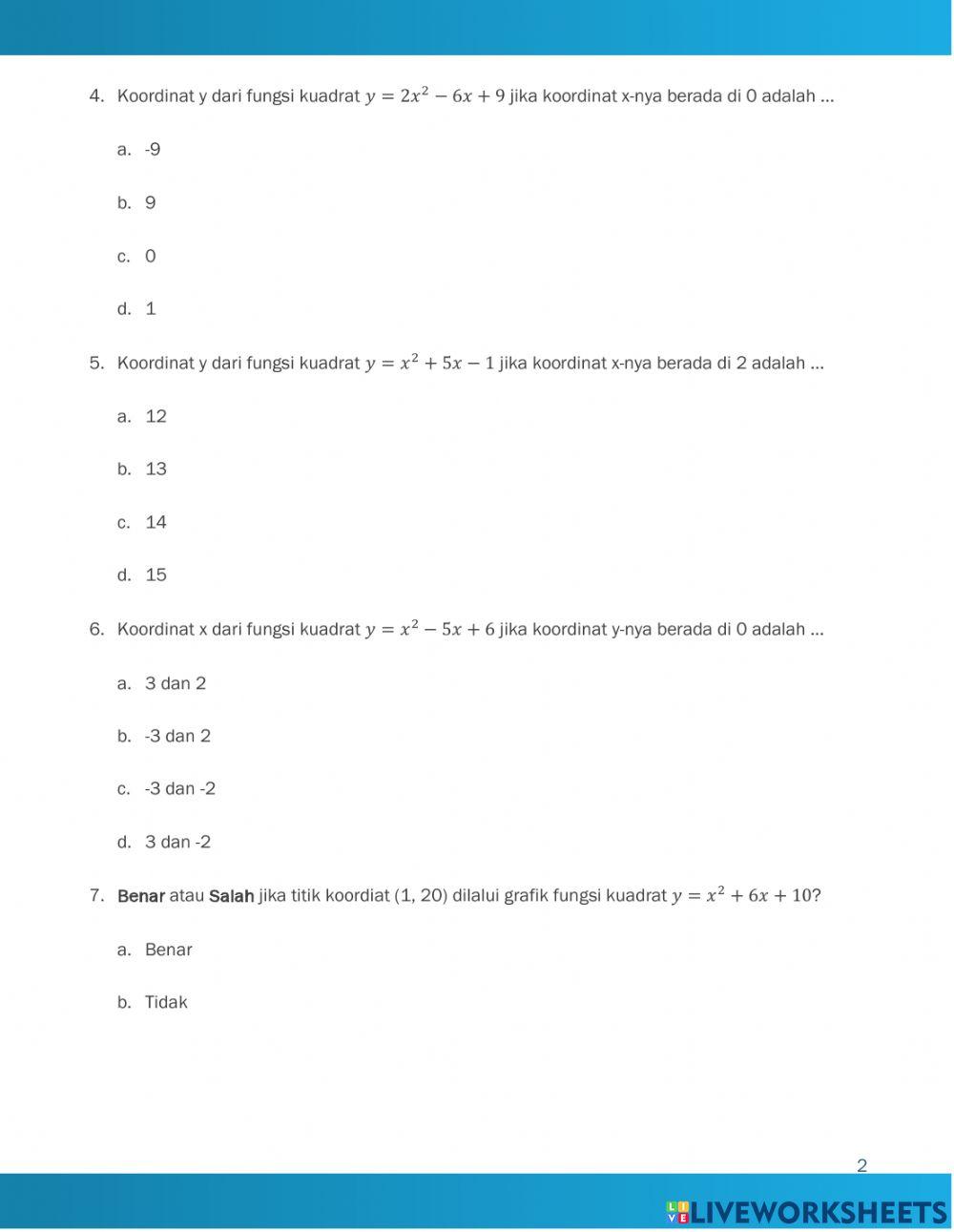 Penilaian Harian Fungsi Kuadrat