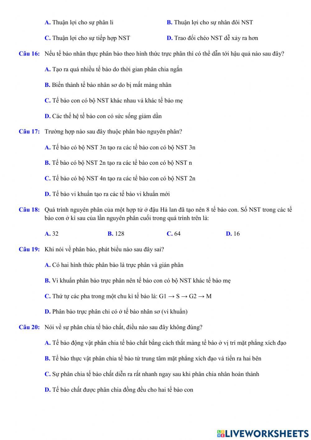 Sinh học 10 - Bài tập Nguyên phân