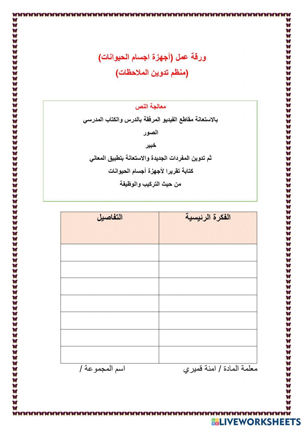 ورقة عمل الصف الرابع ( اجهزة اجسام الحيوانات )