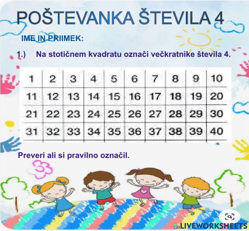 Poštevanka števila 4