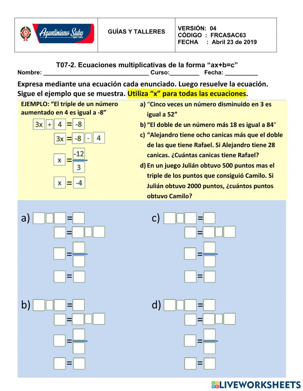 Problemas con ecuaciones ax+b-c
