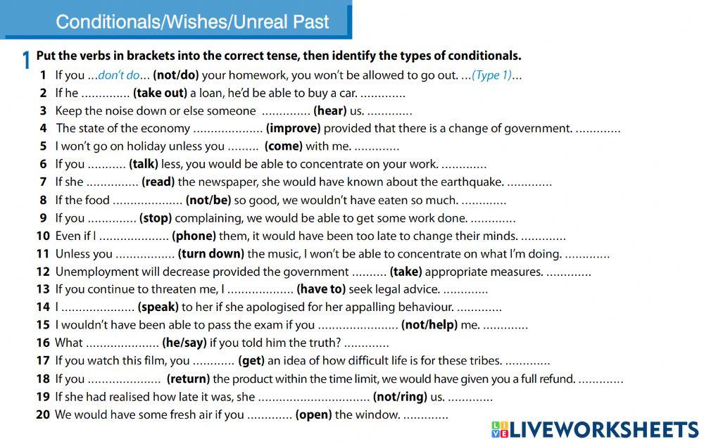 Conditionals - Wishes - Unreal Past worksheet | Live Worksheets