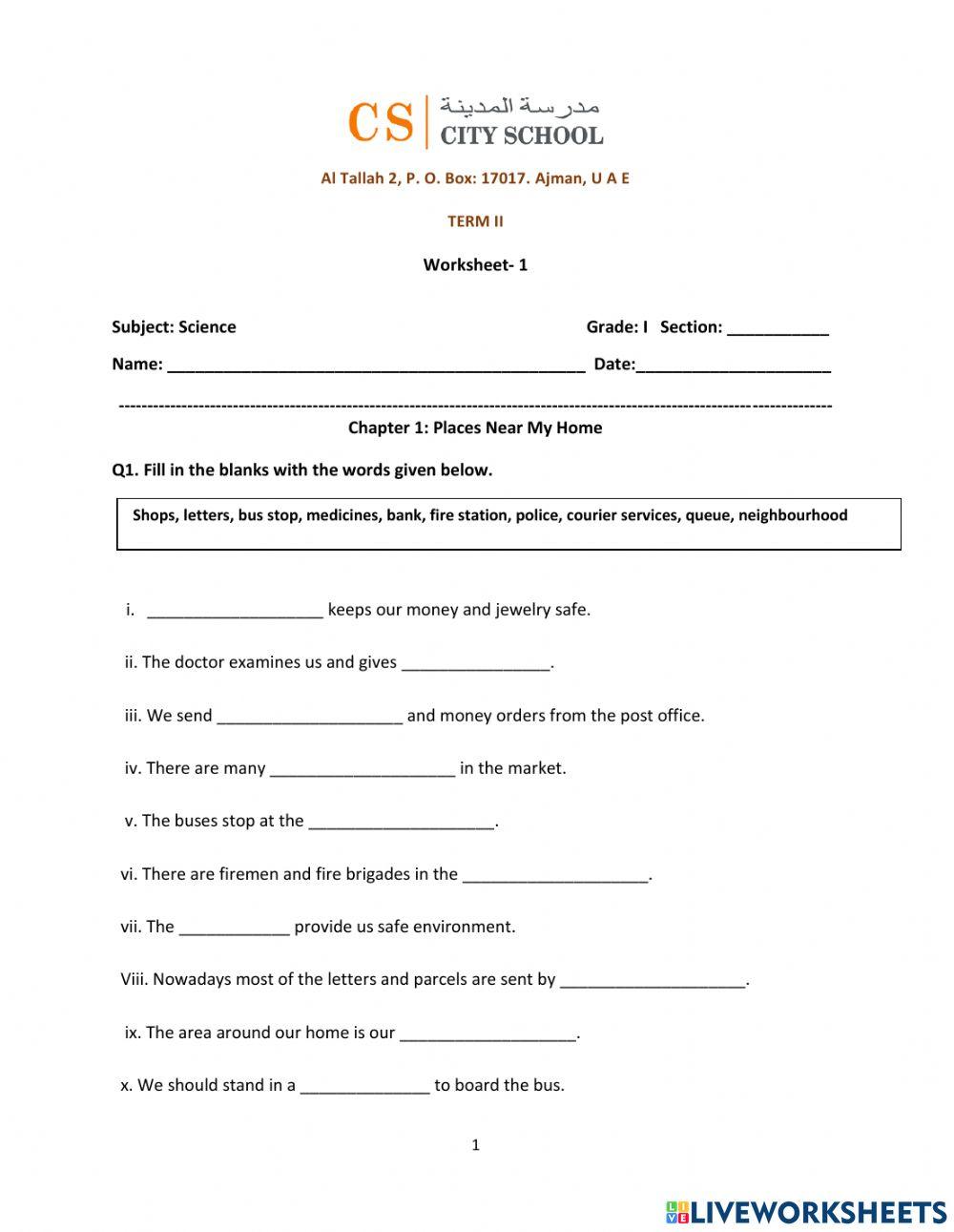 Chapter 1 - Places Near my Home - Live Worksheet