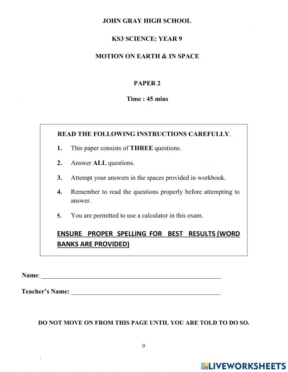 Year 9 MOTION ON EARTH AND IN SPACE