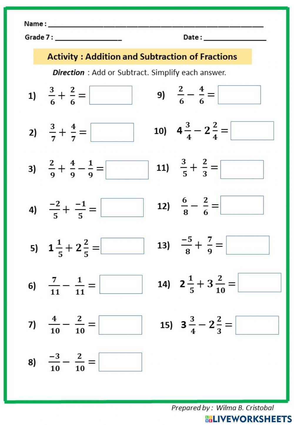 Addition and Subtraction of fractions activity | Live Worksheets