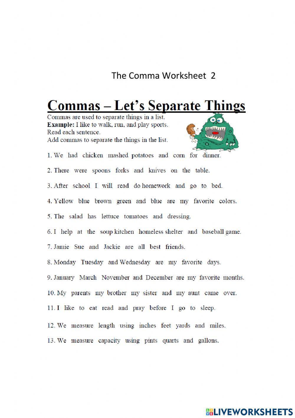 The Comma Worksheet 2