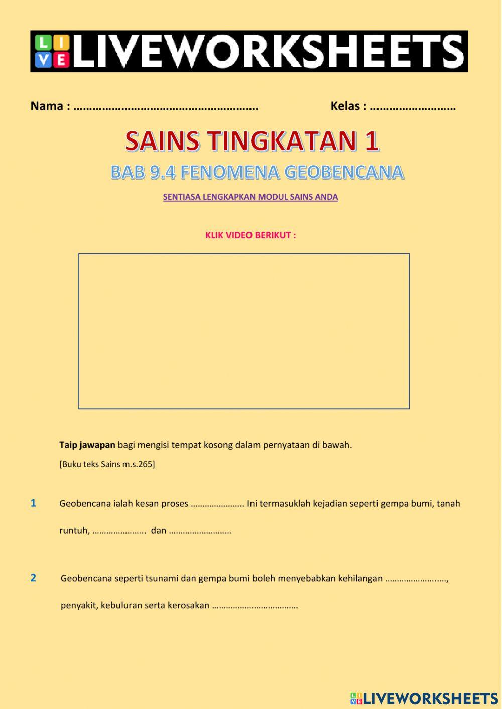 Sains Tingkatan 1 Bab 9.4 Fenomena Geobencana