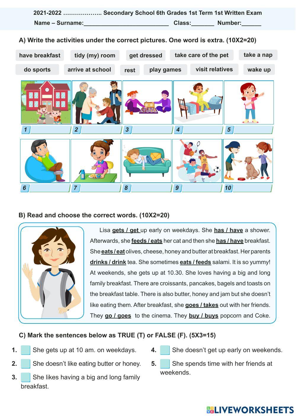 6. Sınıf 1. Dönem 1. Yazılı - 1 (İngilizce)