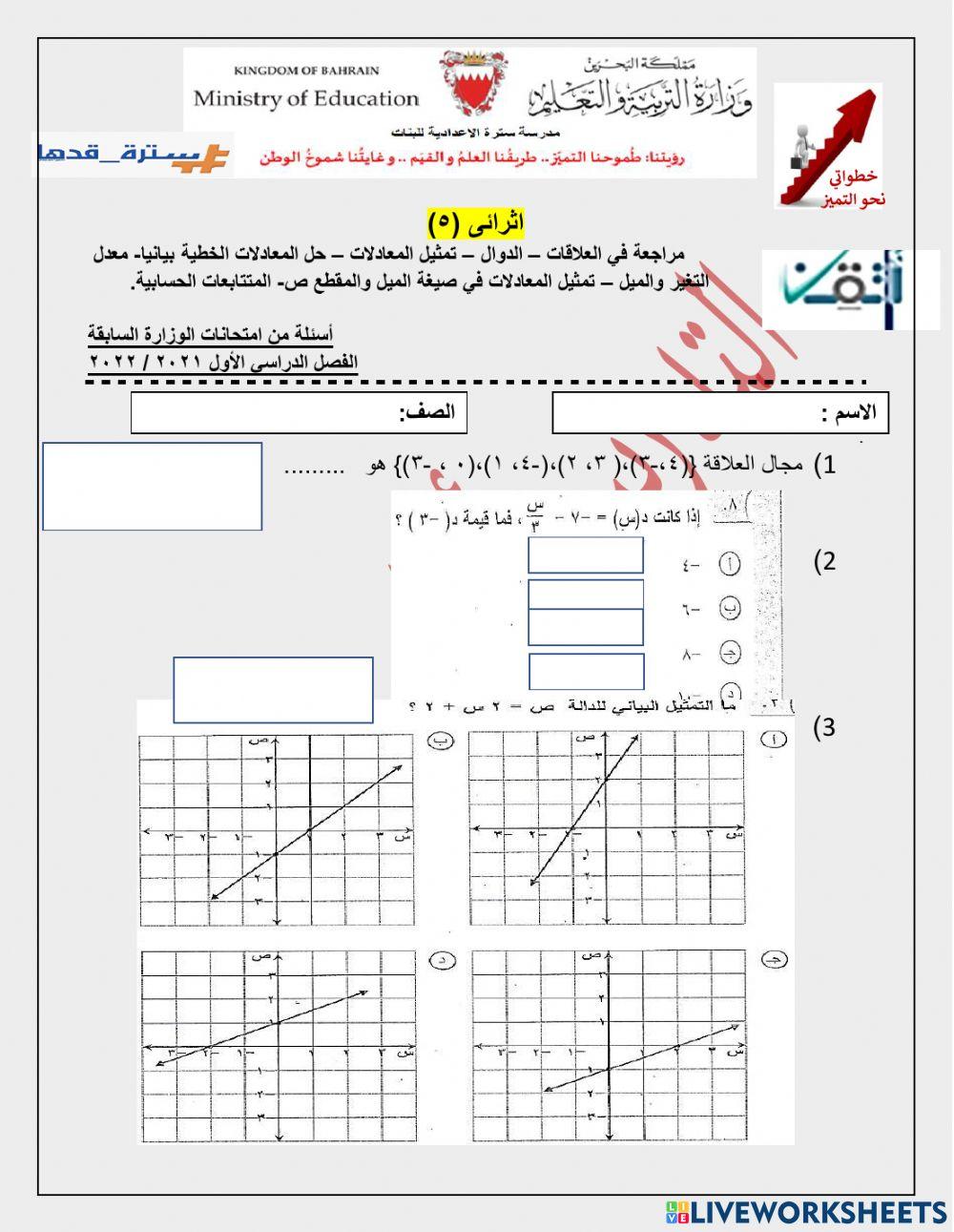 مراجعة الفصل الأول : الدوال الخطية