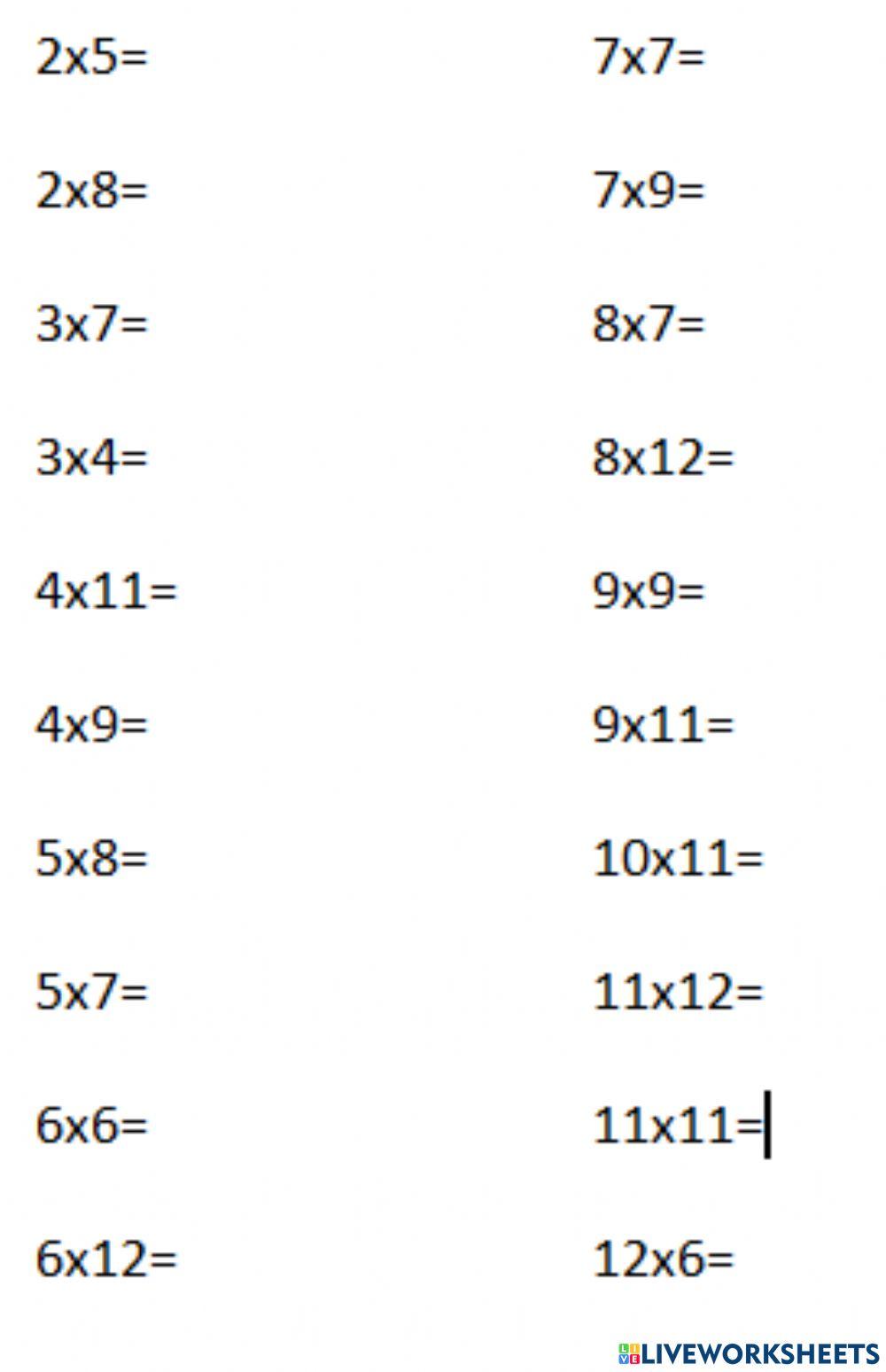 Multiplicaciones salteadas 2 a 12