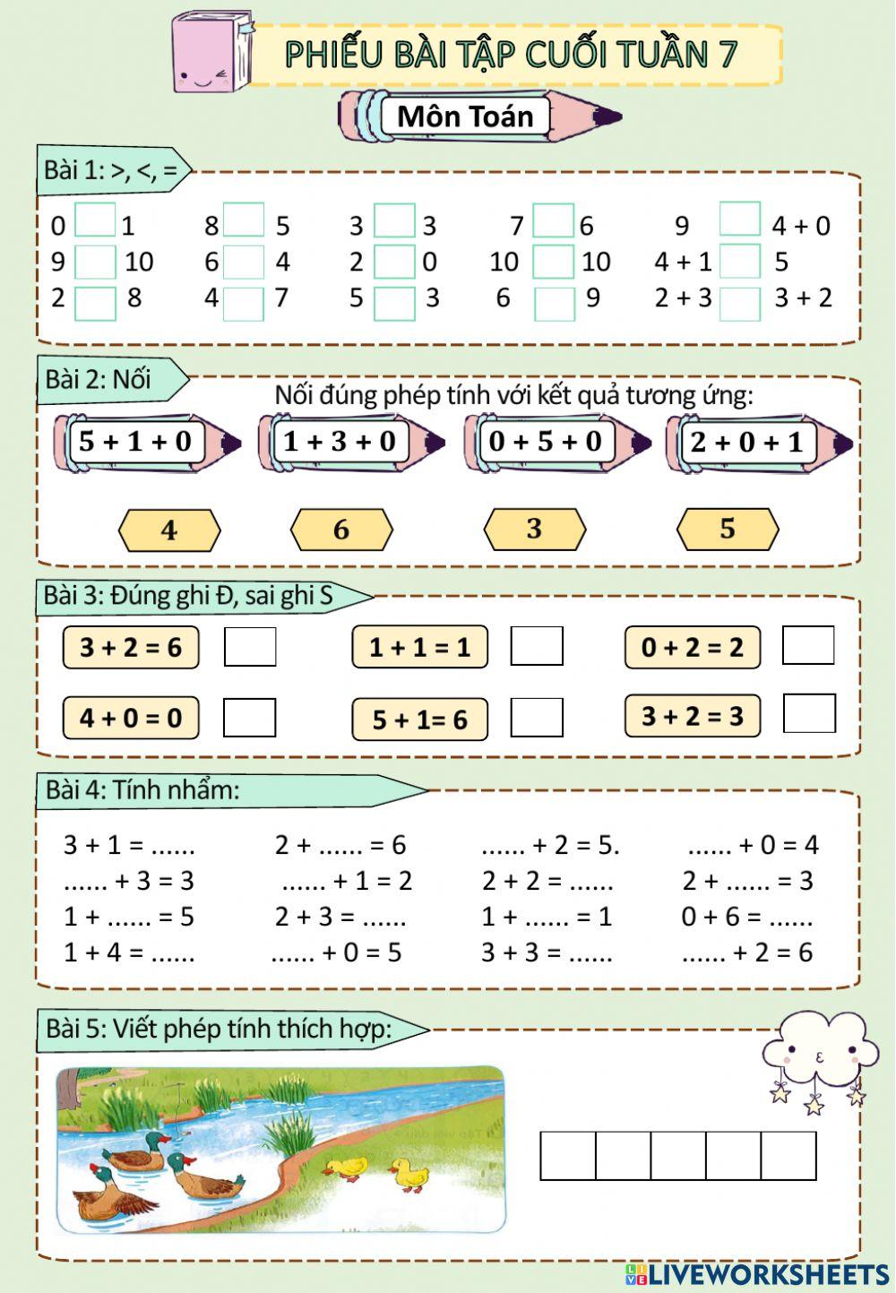 Phiếu bài tập cuối tuần môn Toán tuần 7