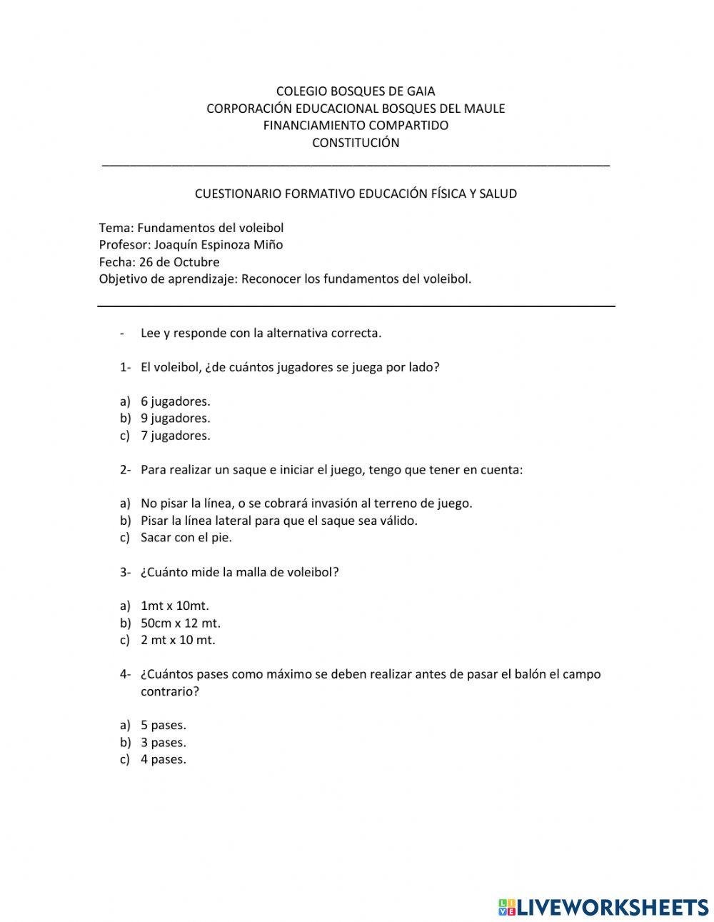 Cuestionario formativo voleibol