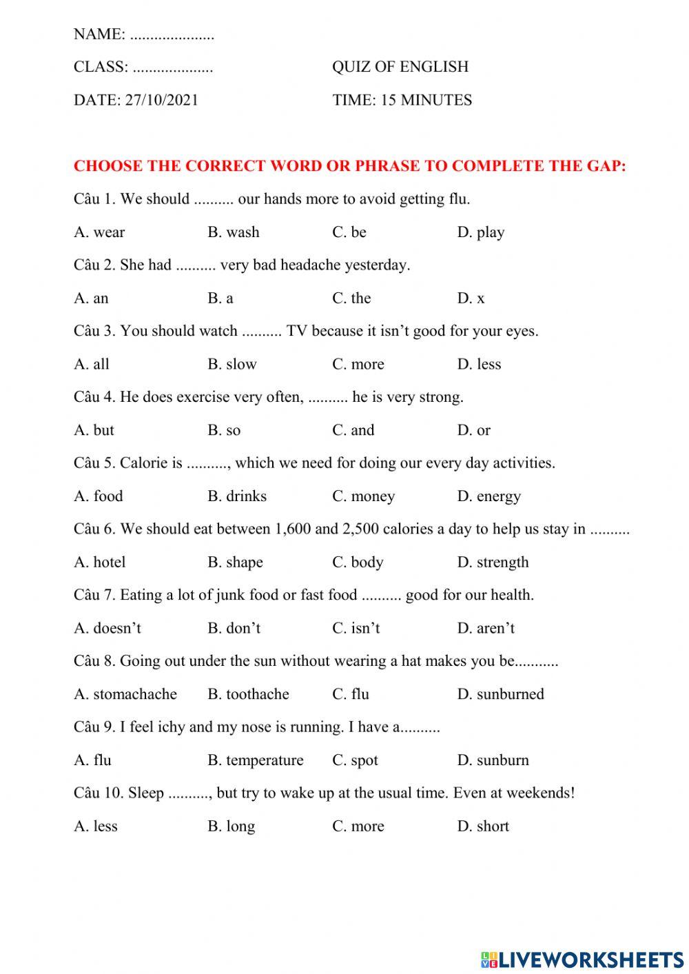 15 minutes test (grade 7)