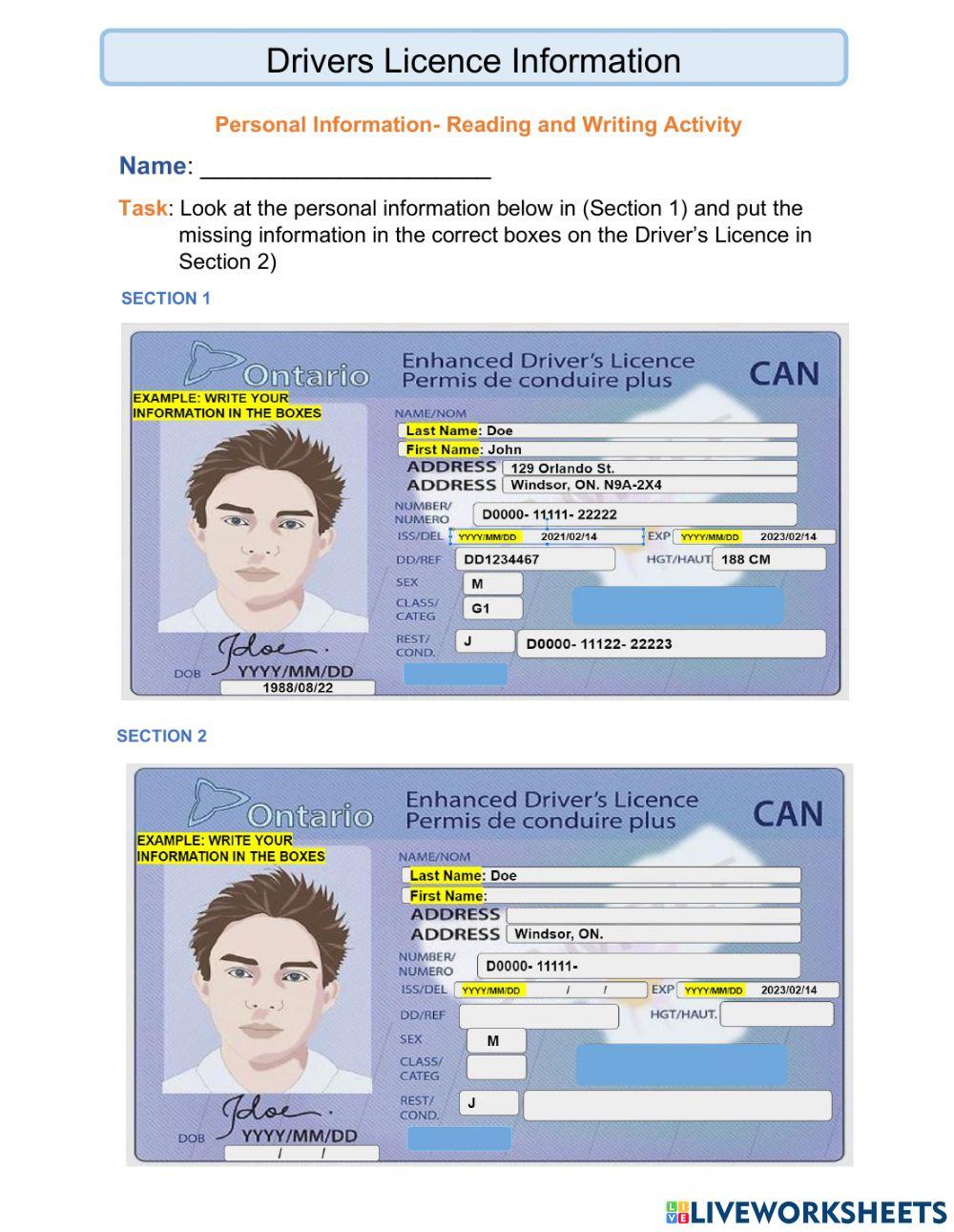 Personal Information Filling out a Driver's Licence