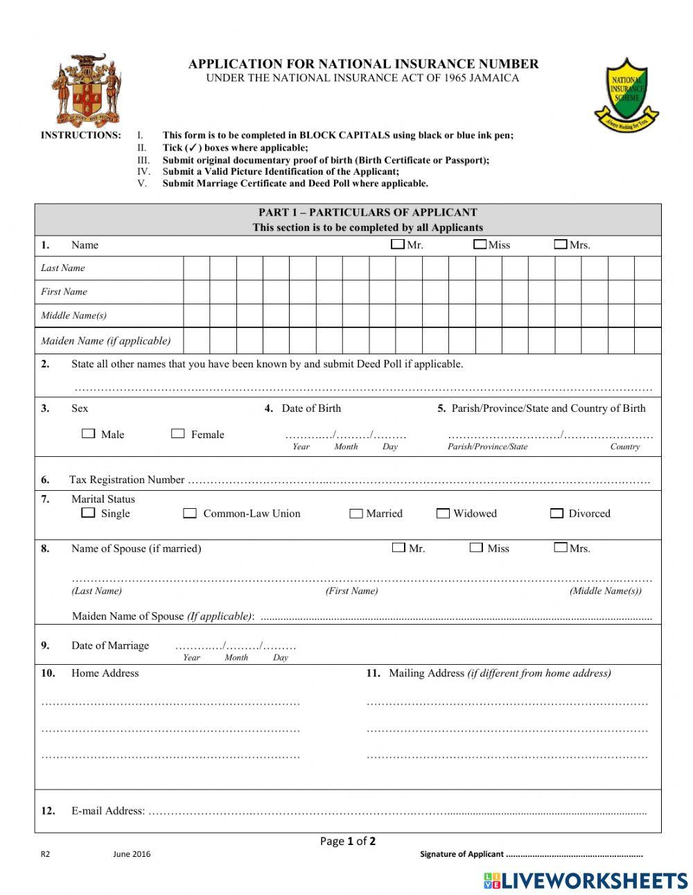 Jamaica National Insurance Scheme Application Form