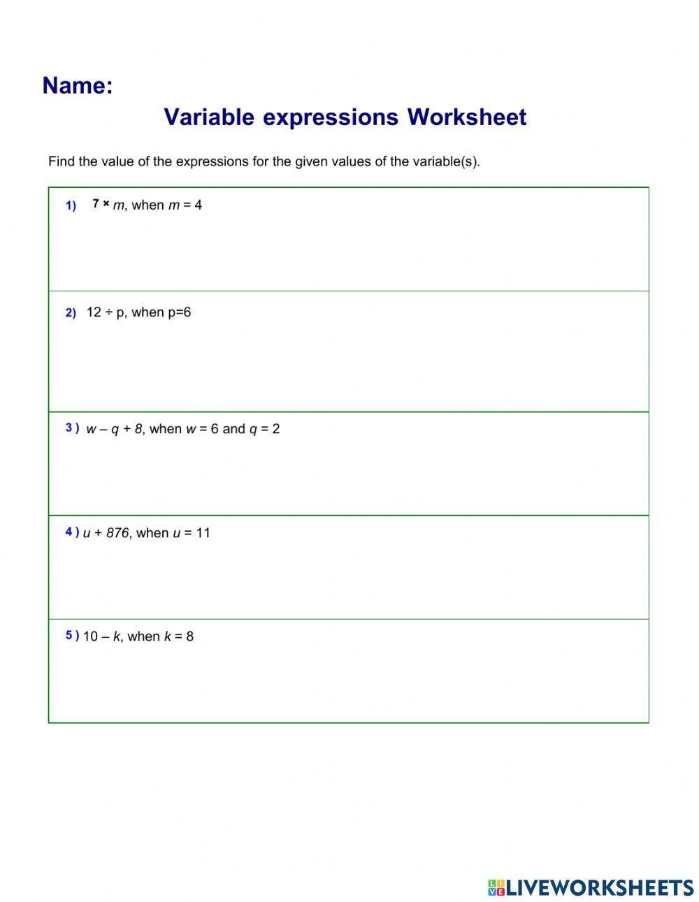 Evaluate Algebraic Expressions
