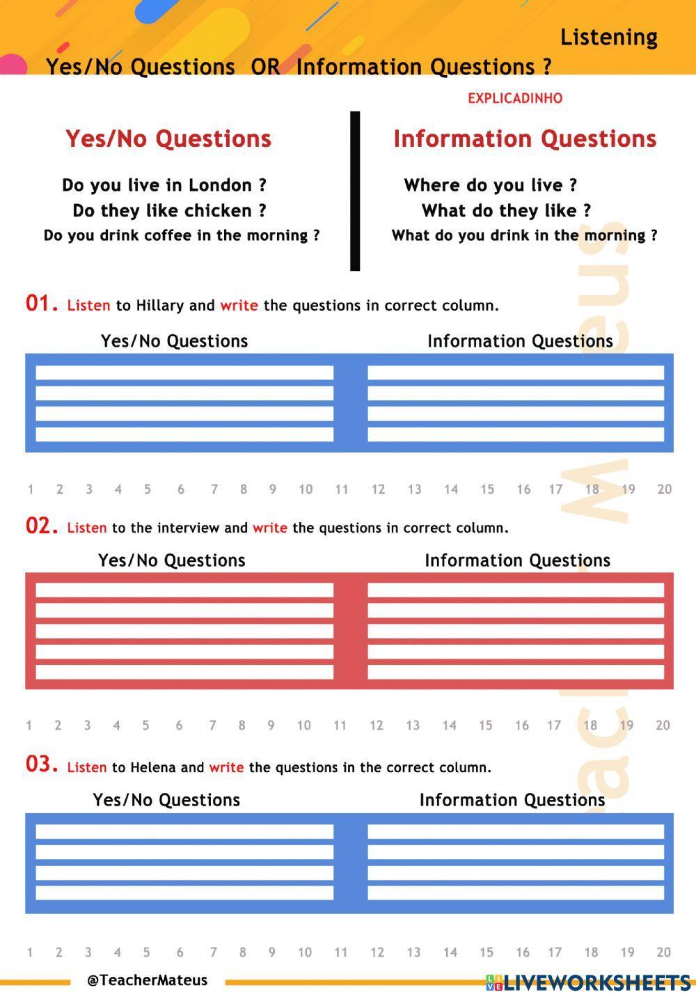 Present Simple - Yes No Questions OR Information Questions - Listening