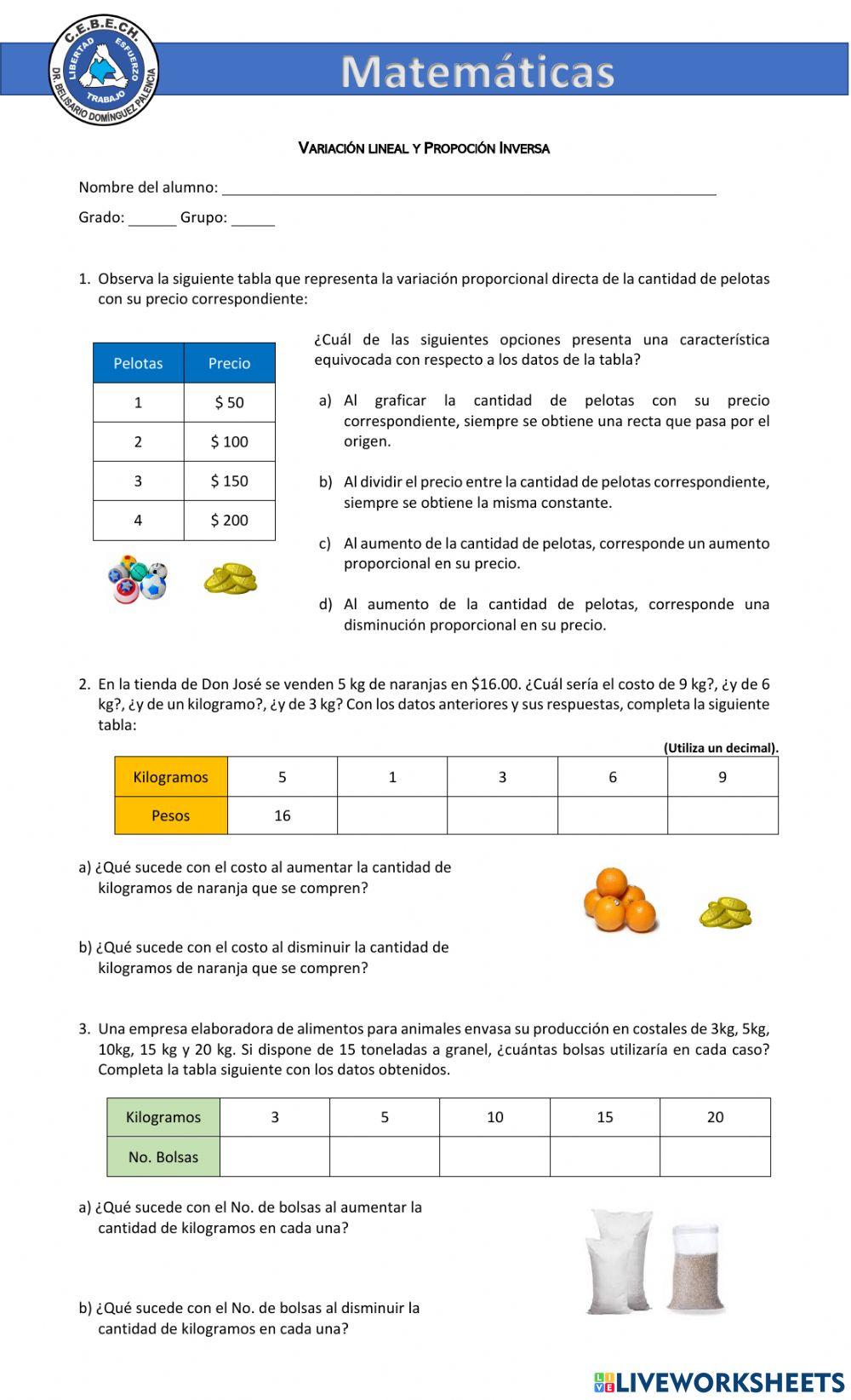 Variación Lineal y proporción inversa
