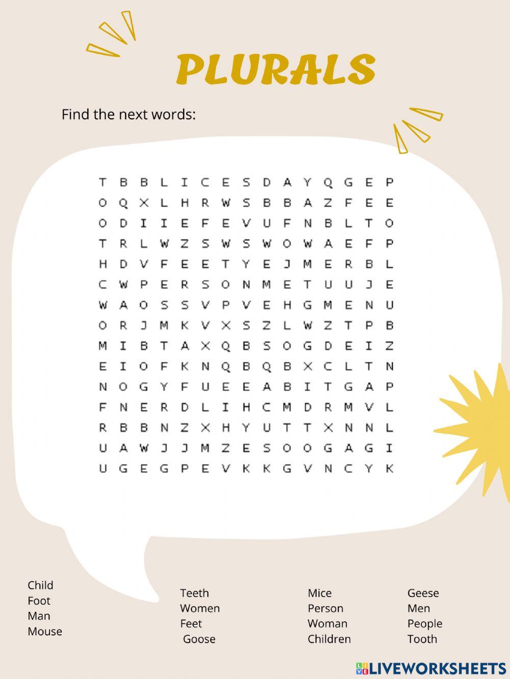 Plurals wordsearch