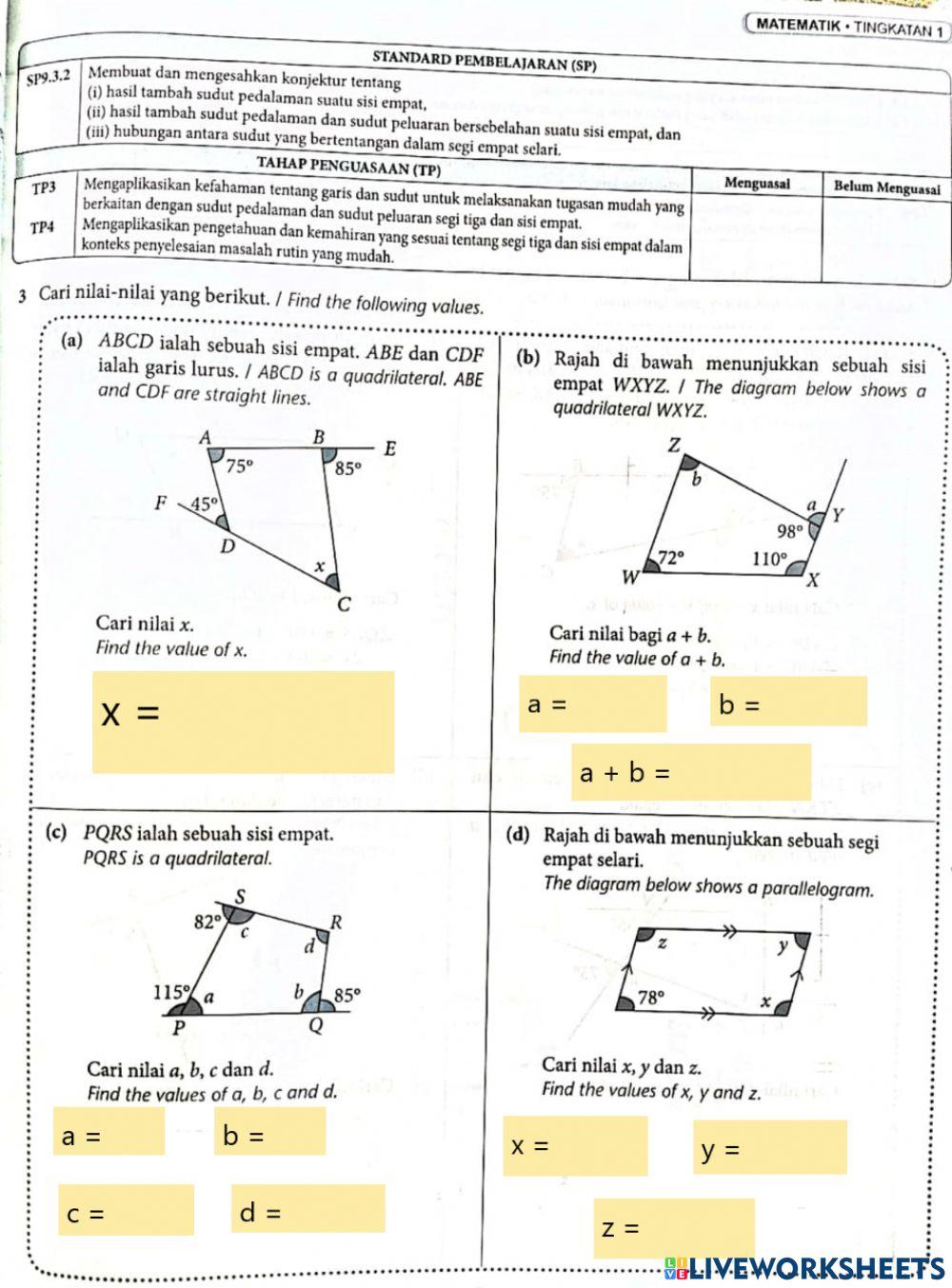Sudut pedalaman dan peluaran sisi empat