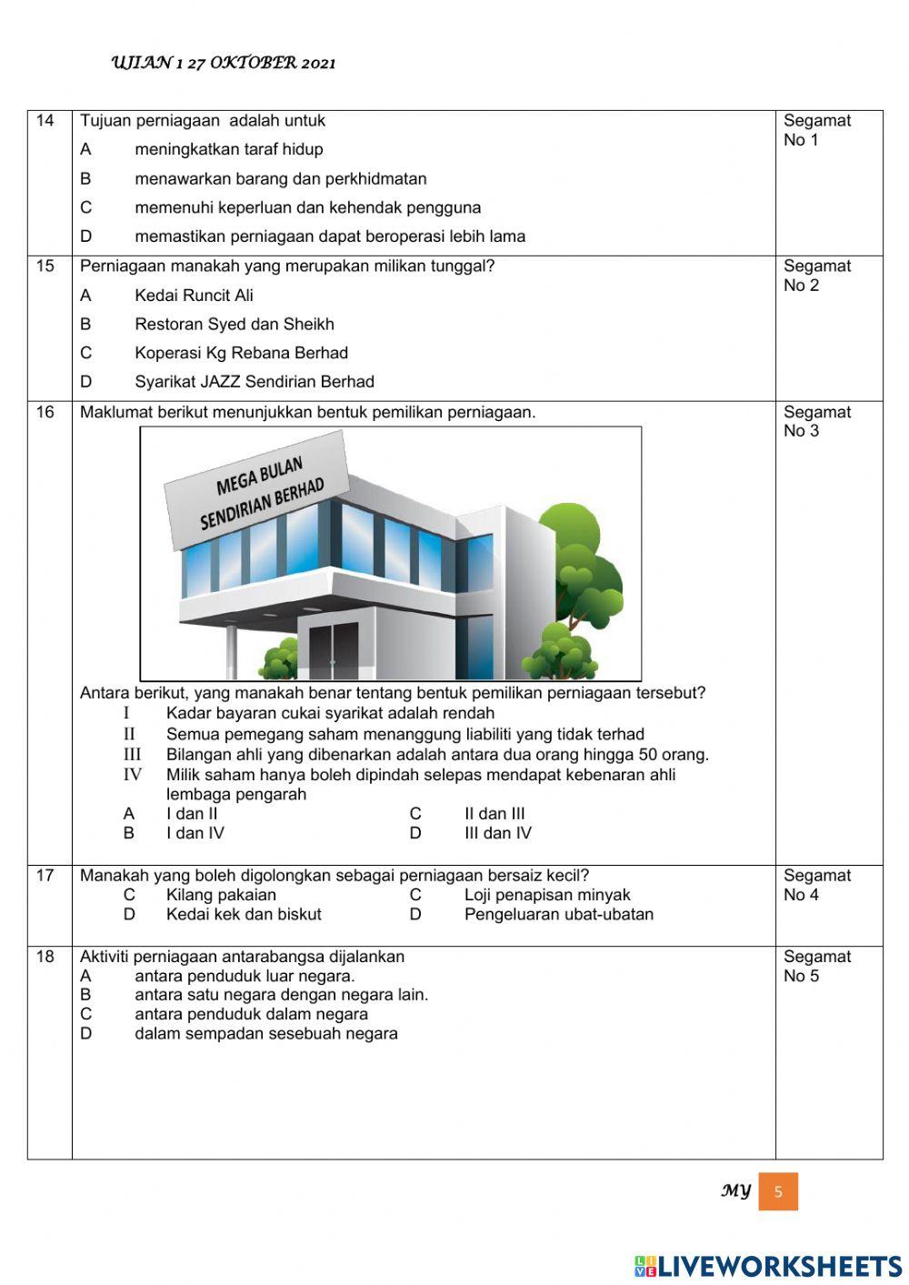PERNIAGAAN TING 4 Ujian 1 bab 1 soalan 1 hingga 32