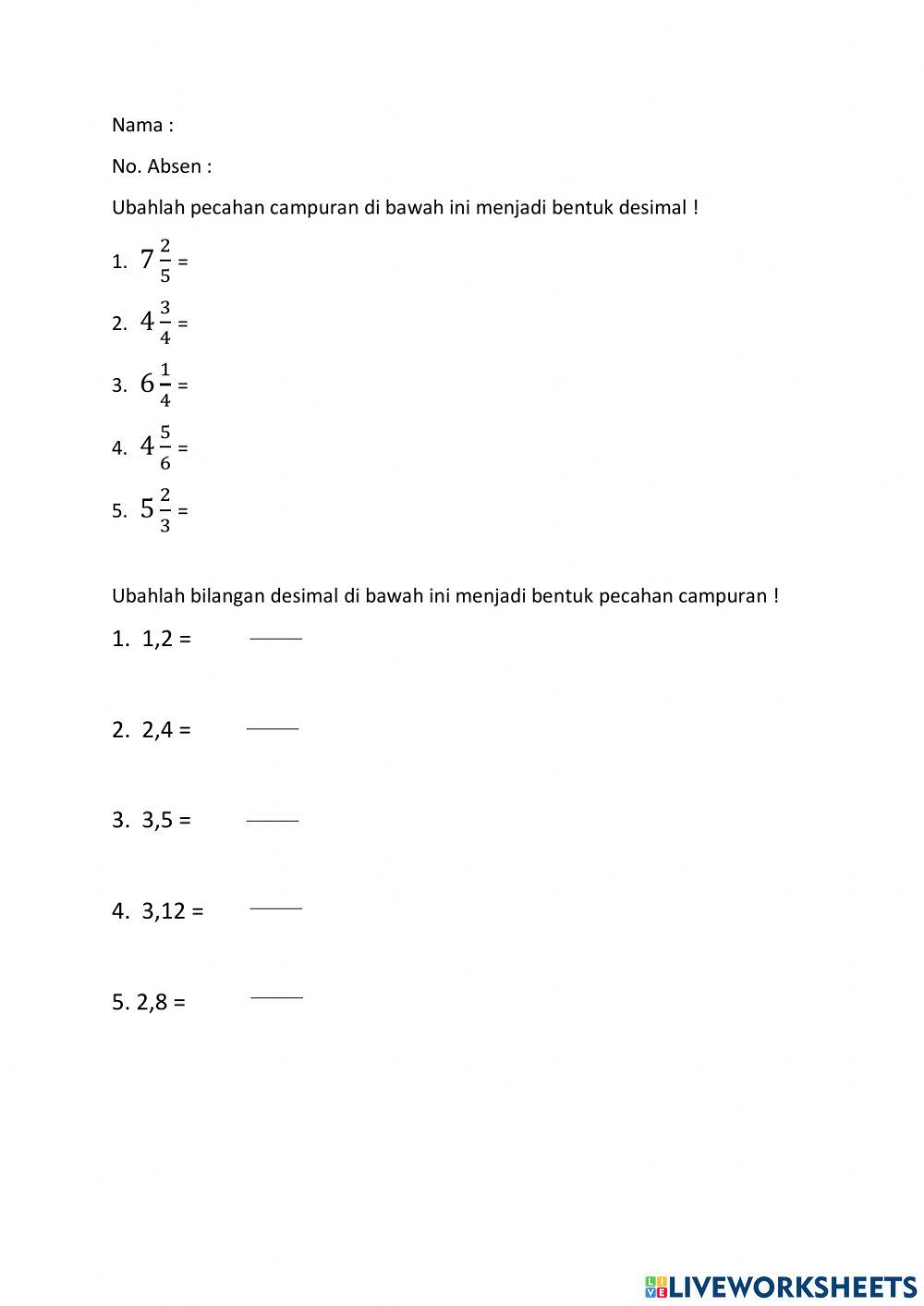 Pecahan campuran menjadi desimal dan sebaliknya