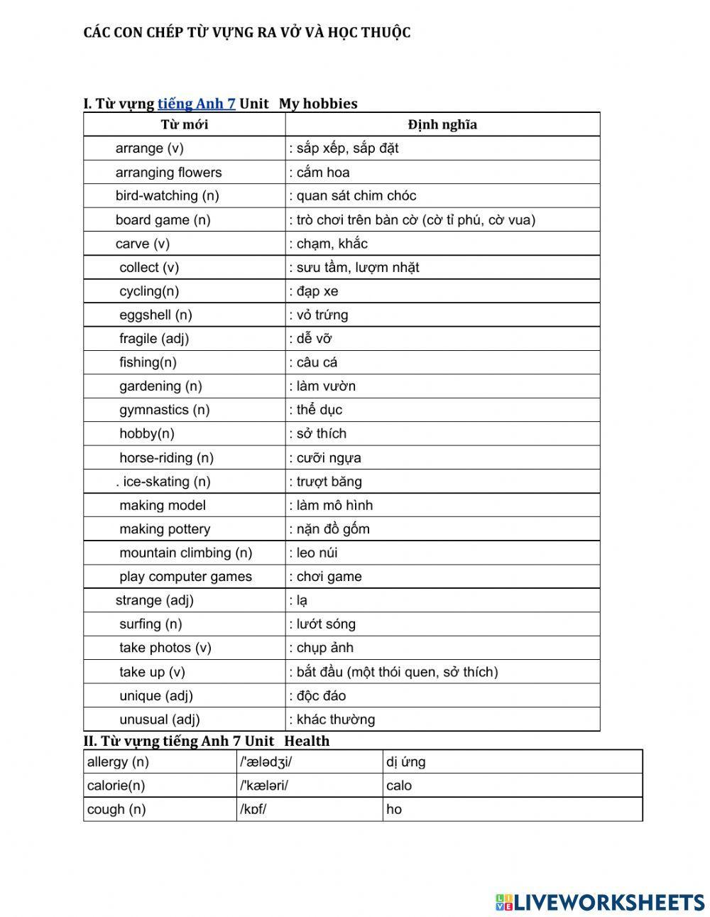 I. Từ vựng tiếng Anh 7 Unit   My hobbies