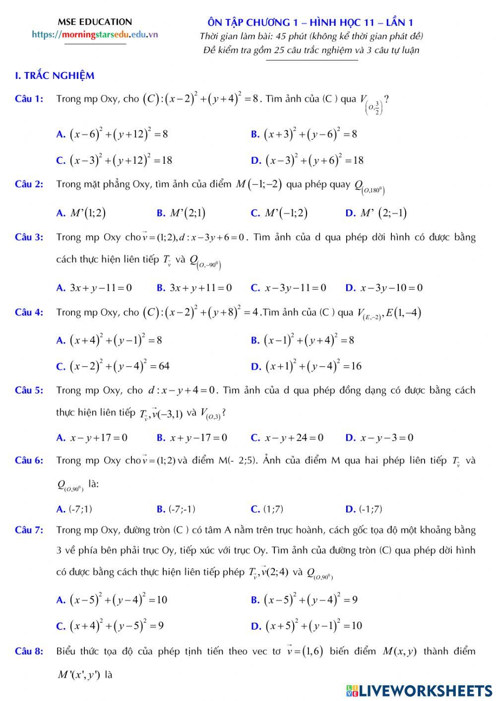Hình học 11 - Đề ôn tập chương 1 - Lân 1