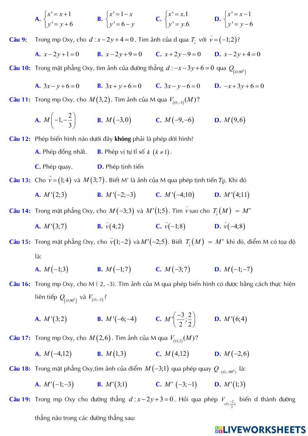 Hình học 11 - Đề ôn tập chương 1 - Lân 1