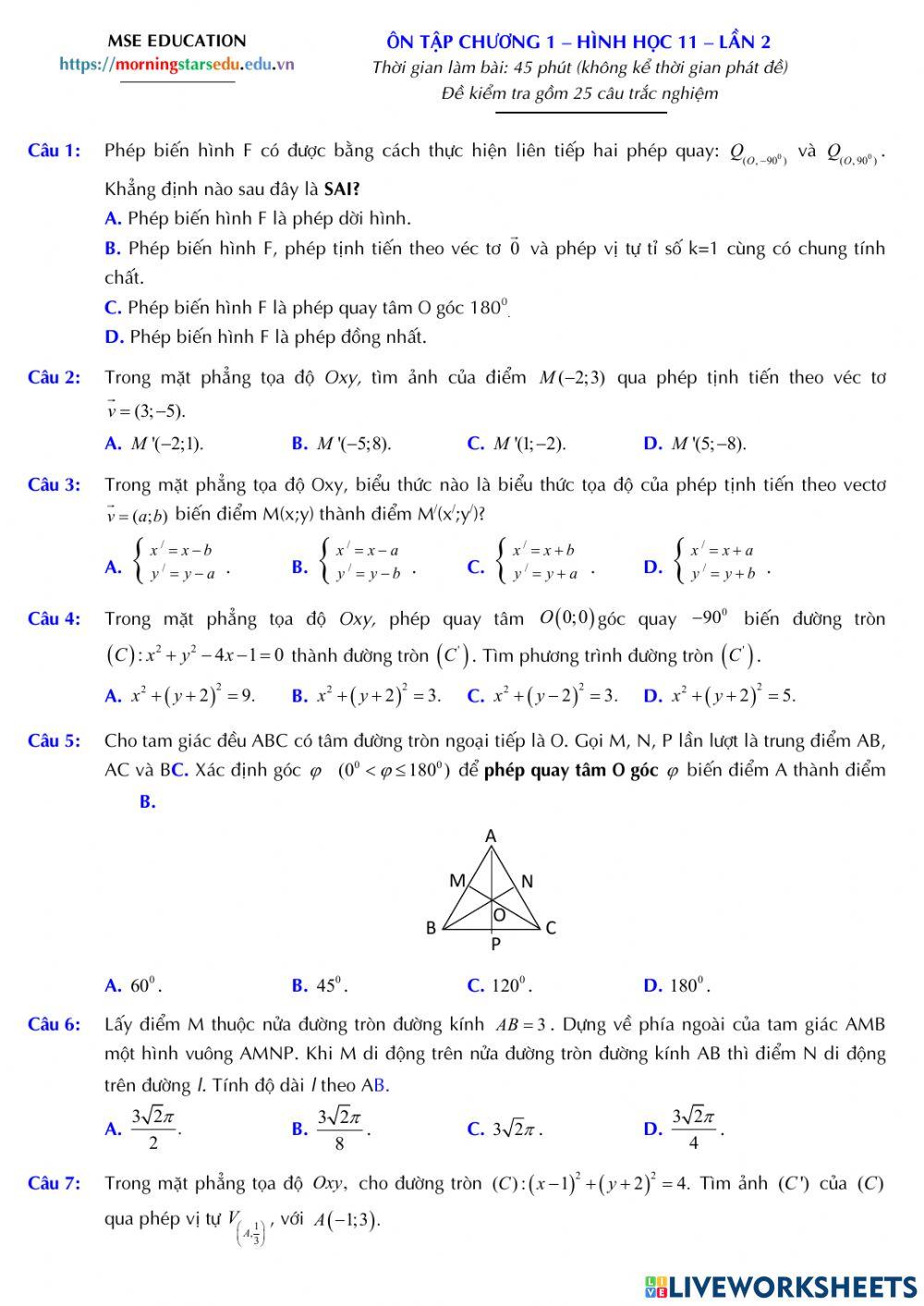 Hình học 11 - Đề ôn tập chương 1 - Lần 2