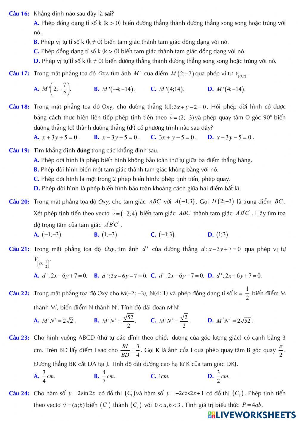 Hình học 11 - Đề ôn tập chương 1 - Lần 2