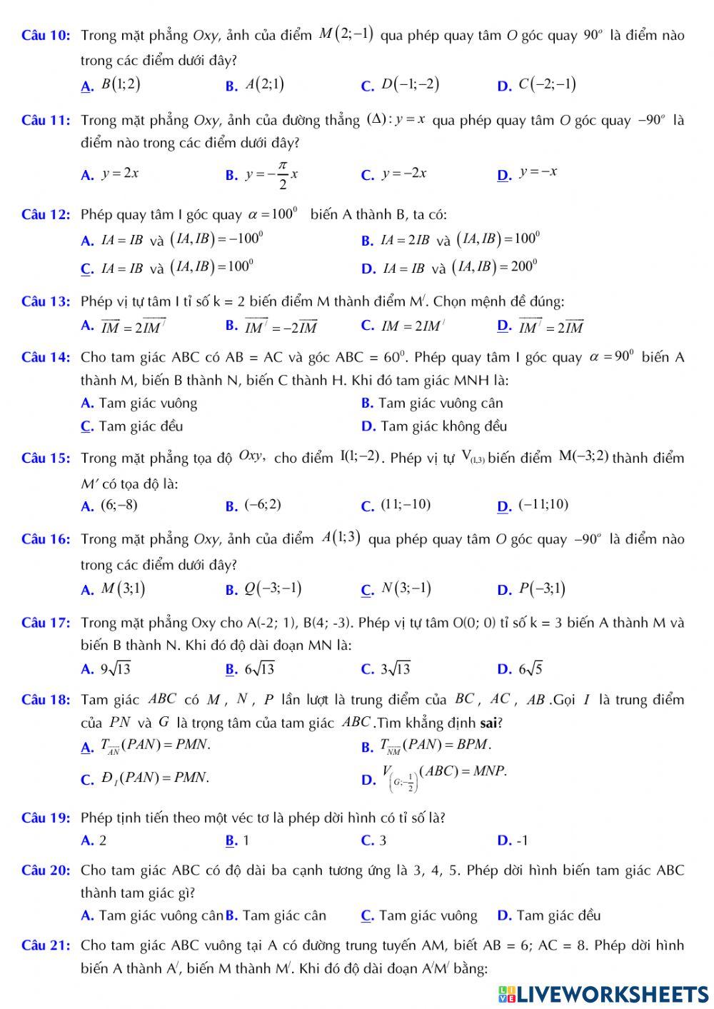 Hình học 11 - Đề ôn tập chương 1 - Lần 3